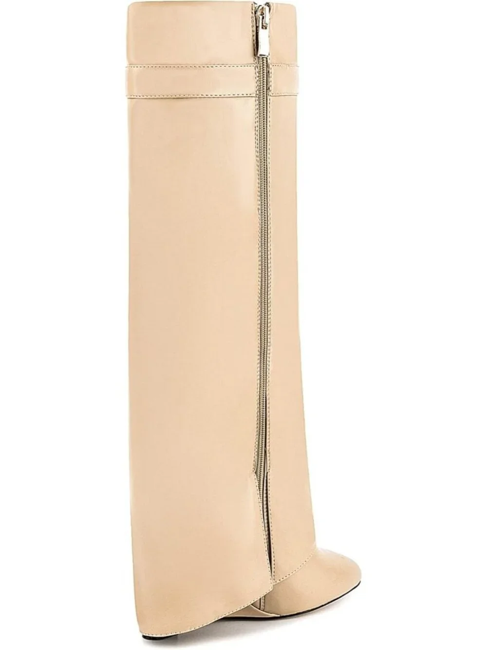 Women's Beige Pointy Pull-on Side Zipper Padlock Fold Over Knee High Boots